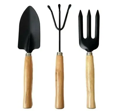 Set Of 3 Wood Wooden Gardening Garden Hand Tool Cultivator Fork Trowel Shovel • £2.99