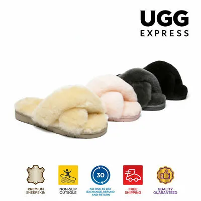 $59 • Buy UGG Slippers Women Fluffy Australian Sheepskin Wool Thick Sole Nonslip Leanna