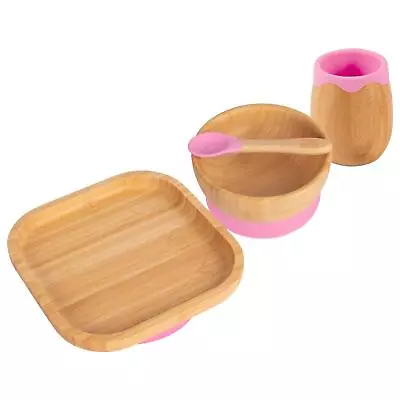 4pc Tiny Dining Pink Square Bamboo Baby Feeding Set Weaning Plate Bowl Spoon • £24
