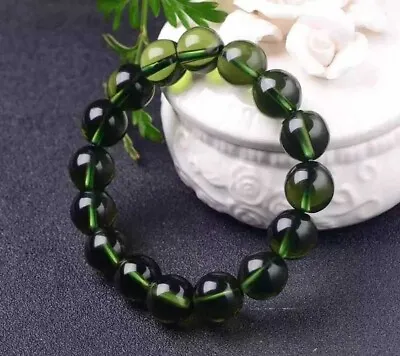 Green GEM MOLDAVITE Meteorite Impact Glass Czech Round 15 Bead Bracelet - 61.29g • $97.99