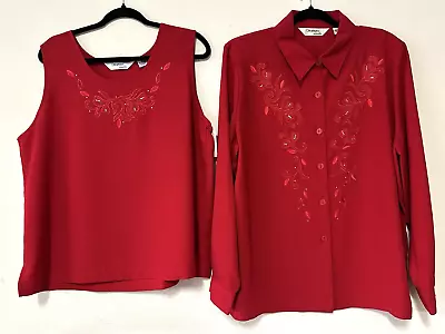 Vintage Drapers Studio Button Blouse Top & Tank Set Red Floral Lace Bedazzled XL • £48.61