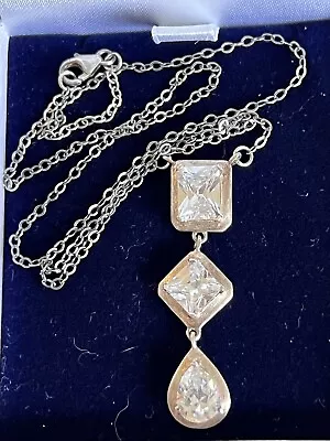 Vintage Marked 925 Sterling Silver Cubic Zirconia Pendant Chain Necklace • £24.99