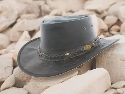 Hazy Blue Bush Soft Brown Leather Foldable Hat Crushable Australian Cowboy • £19.95