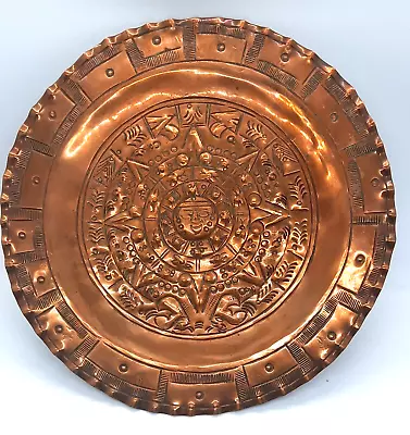 Mayan Aztec Calendar Plate Hand Stamped Copper Sun Wall Decor 8 Inch Round • $19.87