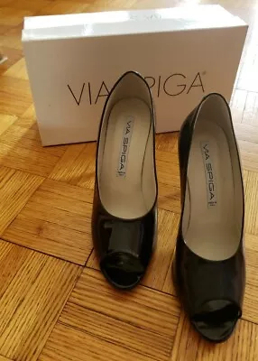 New VIA SPIGA Heels Black Patent Leather Open Toe Size 8.5 Made In Italy • $29.99