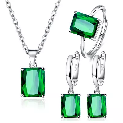 925 Sterling Silver Square Green Crystal Necklace Earrings Ring Jewelry Set Gift • $8.99