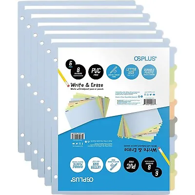 OS Plus 8-Tab 3 Ring Colored Plastic W/Write & Erase Tab Binder Dividers - 6 Set • $10.95