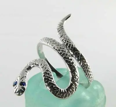 Crisp 9k 9ct White Gold Snake Blue Sapphire Art Deco Ins Long Ring Free Resize • £204