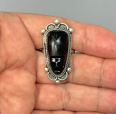 VTG Sterling Silver Aztec Mayan Black Obsidian Carved Mask Ring  Sz.6 - 10.2g • $67.99