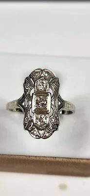 Stunning Antique 14kt White Gold MINE CUT Diamond Art Deco Ring Size 9 • $1498.98