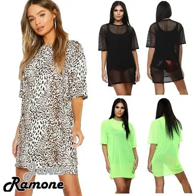 Womens Mesh T-Shirt Dress Fishnet Sheer Dress Tunic Baggy Oversized Longline Top • £7.99