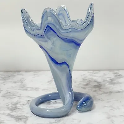 Murano Glass Handblown Trumpet Vase On Swirl Tulip Coil Base Multi-toned Blue • $30