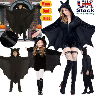 GOTHIC VAMPIRE BAT Book Day Costume Cape Fancy Dress Adult Kids Carnival Outfit • £13.32