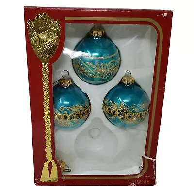 Victoria Collection 3 Vintage Christmas Teal Purple Gold Glitter Ornaments 2.5in • $14.99