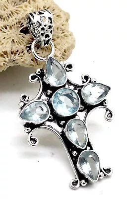 925 Sterling Silver Blue Apatite Gemstone Handmade Jewelry Cross Pendant Size-2 • $14.53