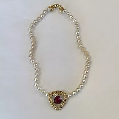 Vintage Swarovski Faux Pearls Necklace With Crystal And Enamel Pendant • $25