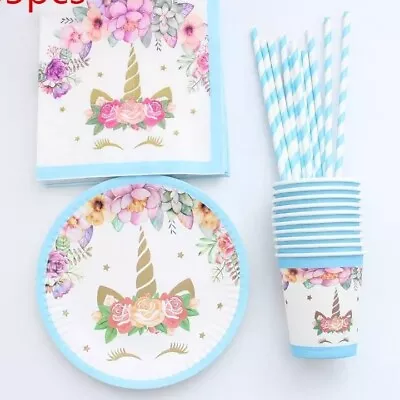 Floral Unicorn Magical Blue Birthday Party Tableware Cups Plates Napkins Straws • £15.99