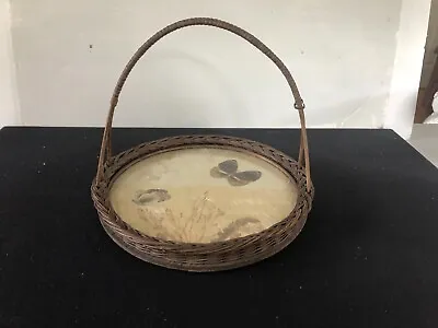 Unique Vintage Wicker Tray Glass With Butterfly Inlays Handle 12 Inches Round • $35
