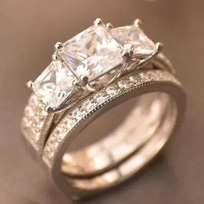 2.9CTW Princess Moissanite Three-Stone Engagement Ring Set 14k White Gold Plated • $198.90