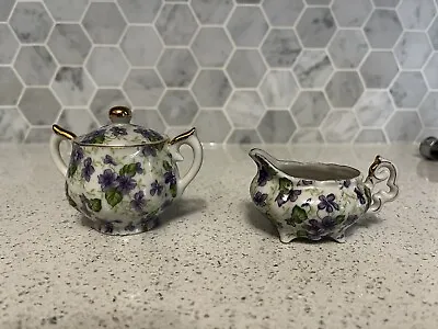 Lefton China Violet Chintz Mini Creamer And Covered Sugar • $11