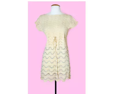 Ivory Crochet Shift Dress Vintage 1960's Boho MOD Hippie Knit 70's • $45