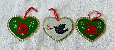 3 Vintage Folk Art Tin Hearts Christmas Ornaments By Current • $10.95