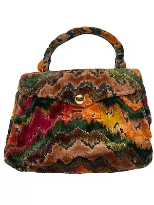 Vintage Colorful Velvet Handbag With Brass Tone Hardware • $50