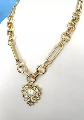 Mixed Paperclip Chain Pendant Necklace Gold Radial Heart Medallion Charm Holder • $118