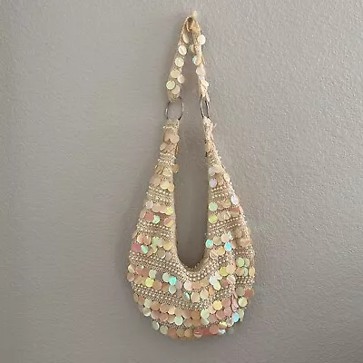 Vintage Chateau White Iridescent Sequin Beaded Hobo Shoulder Bag Purse  • $16