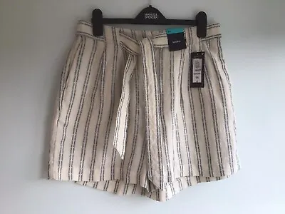 M&S Ladies Soft Pure Linen Shorts Size 14 Ivory Striped With Belt BNWT • £12.50