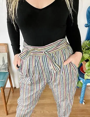 Vintage 70 80s ADINI Rainbow Stripe Tie Pleated India Harem Pants S M High Waist • $45