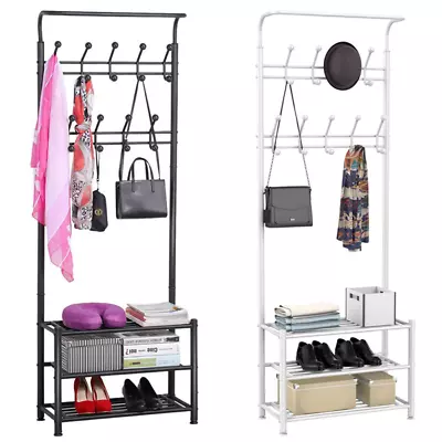 Metal Coat Rack Stand With 18 Hooks & 3-Tier Shelves Hats Shoes Rack For Hallway • £29.99