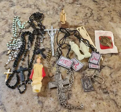 Vintage Religious Medals Rosaries Lot Christian Catholic Pendants Crosses Etc • $15