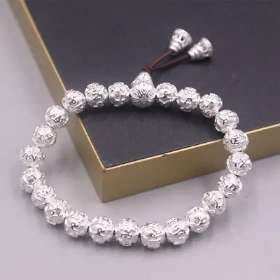 Real Fine Silver 999 Bracelet 8mmW Six-word Motto Round Beads For Women Men • $101.11