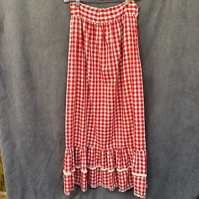 Vtg 70s Red Gingham Check Plaid Maxi Skirt 26” Waist • $42