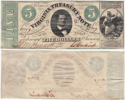 1862 $5 Virginia Treasury Note Cr-13 Very Fine Obsolete Currency • $54.95