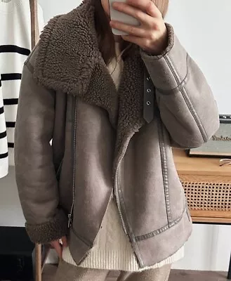 $6.09 • Buy Zara Grey Faux Leather Shearling Fur Double-faced Biker Jacket Aviator Coat L