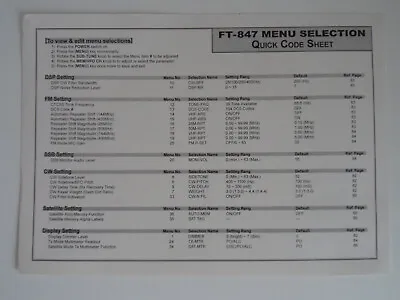 Yaesu Ft 847 Menu Selection (quick Code Leaflet Only).......radio-spares-ireland • £19.99