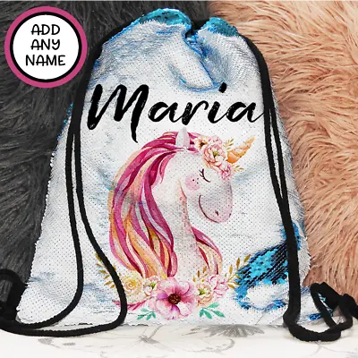 $25.95 • Buy Personalised Unicorn Magic Sequin Bag Backpack With Drawstring Christmas Gift