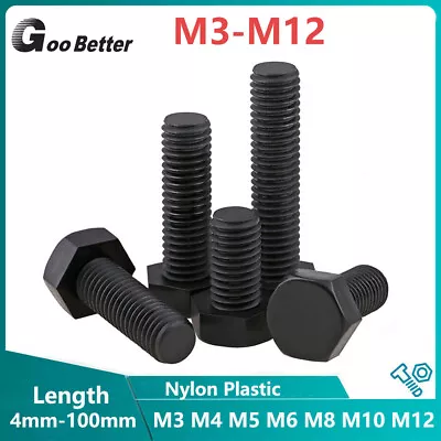 Plastic Hex Hexagon Head Bolts Black Nylon Machine Screws M3 M4 M5 M6 M8 M10 M12 • £1.86