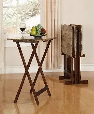 Tray Table Set Storage Stand Brown Faux Marble 5 Piece Home Folding Furniture • $115.93