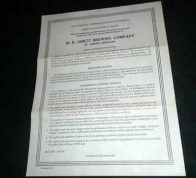 Original 1950 M.K.Goetz Brewing Company Brewery Employee Insurance Rules • $28