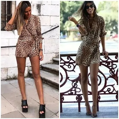 Zara Woman Leopard Animal Print Jumpsuit Dress  Long Sleeve Sz S • $30