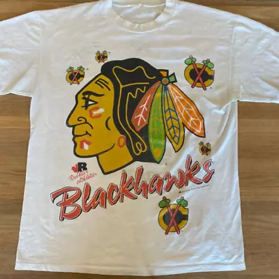 Chicago Blackhawks Retro Vintage 1991 Hockey Logo Team T Shirt White Gift Fans • $16.99