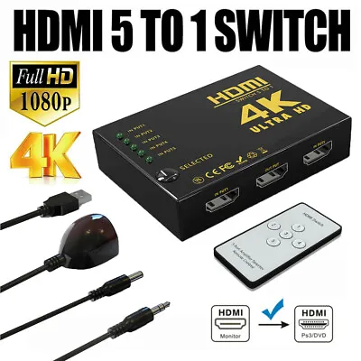 5 Port HDMI 4K Switch Switcher Selector Splitter Hub IR Remote For HDTV 1080p • £7.19