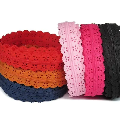 Continuous #3 Nylon Coil Zip With Floral Lace Zipper - Craft Zipper Cases Bags • £4.50