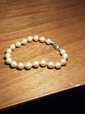 Vintage Monet Faux Pearl Bracelet Hand Knotted Single Strand Gold Tone Box Clasp • $15.75