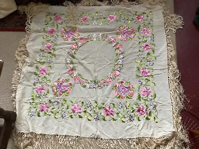 1920's Embroidered Floral Silk Piano Shawl 48”x48” + 12” Of Fringe  Reversible • $250