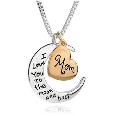 Sterling Silver Mom I Love You To The Moon And Back CZ Heart Pendant Necklace • $7.99