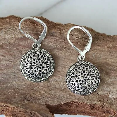 Sterling Silver 925 Marcasite Vintage Style 15mm Round Leverback Drop Earrings • $64.95